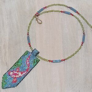 Handcrafted necklace Koi Fish Hand Stitched Pendant Necklace w/Jade Gems Accents